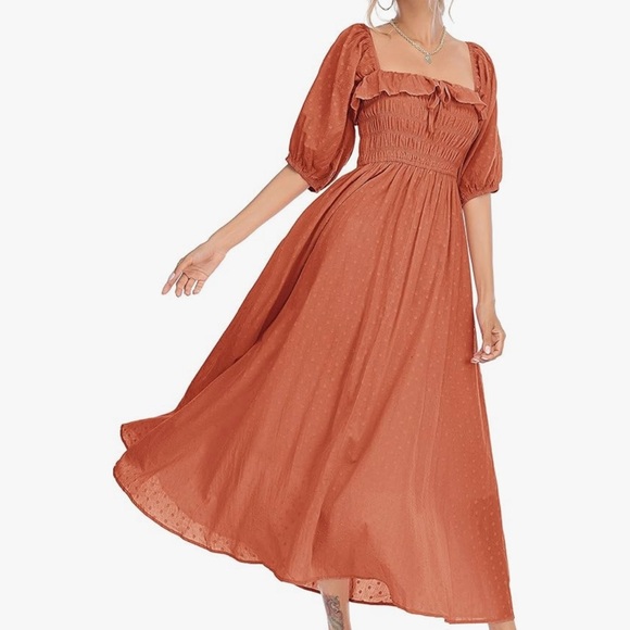 Rust Orange Smocked Midi Dress - Picture 3 of 7